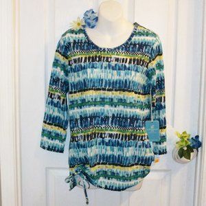 SOLD! Caribbean Joe Sz S NWT Tie Bottom Tunic Top Blue Green White Tan "Rain"